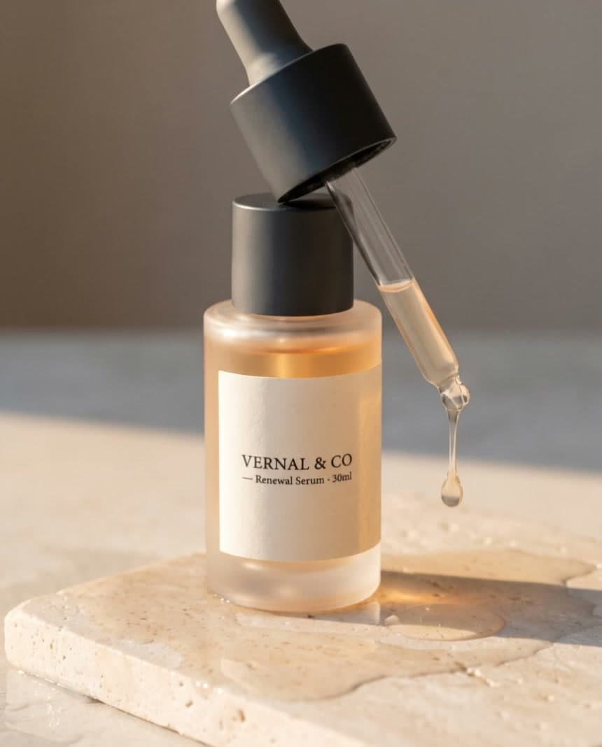 Silent product-motion concept for a fictional Vernal & Co. serum.