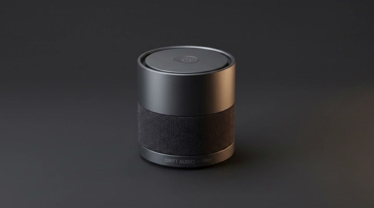 Silent cinematic orbital ad video of the fictional Drift Audio Mini speaker, product only, no on-screen presenter.
