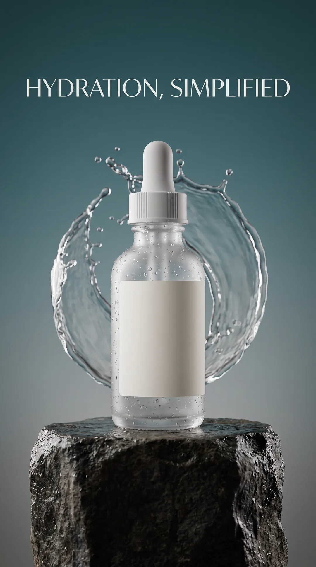 Generic skincare serum ad static, dramatic hero composition with a water-droplet motif, no real brand name, blank product label.