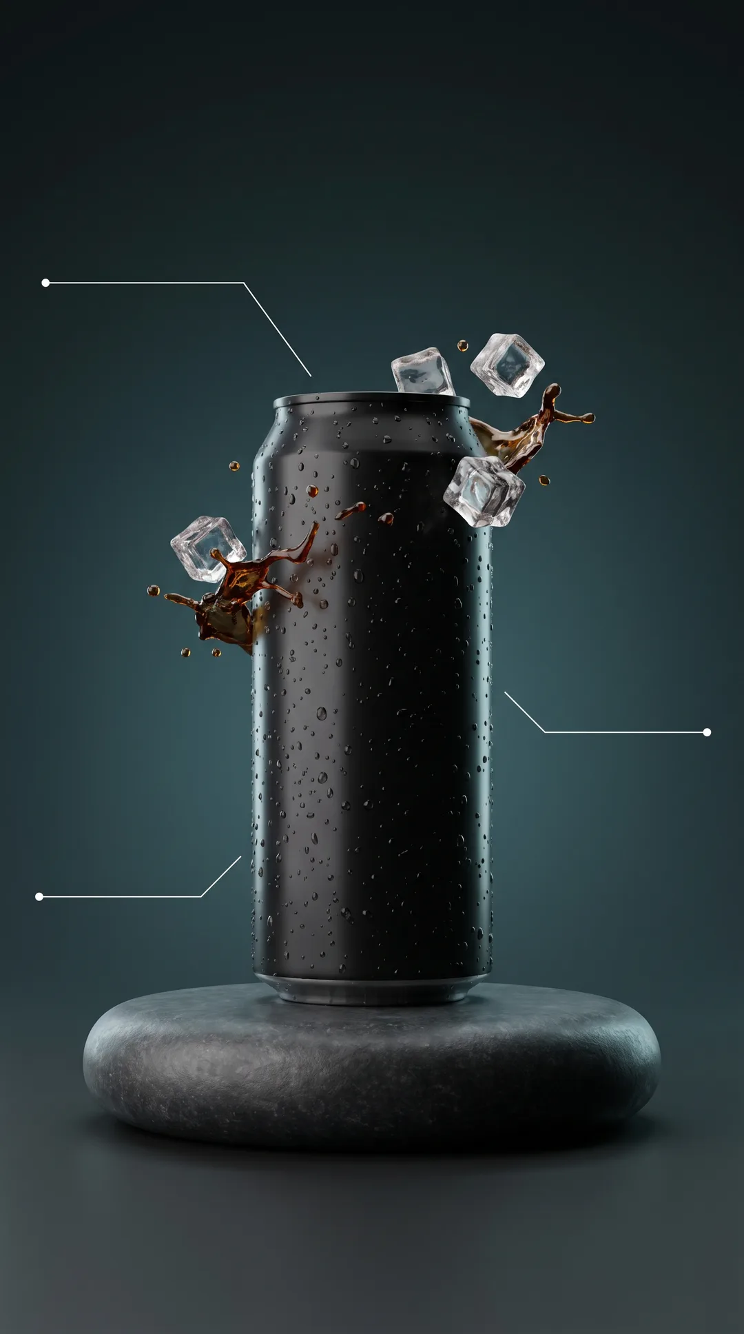 Generic beverage-can ad static with benefit-callout annotation lines, no real brand name, blank can design.