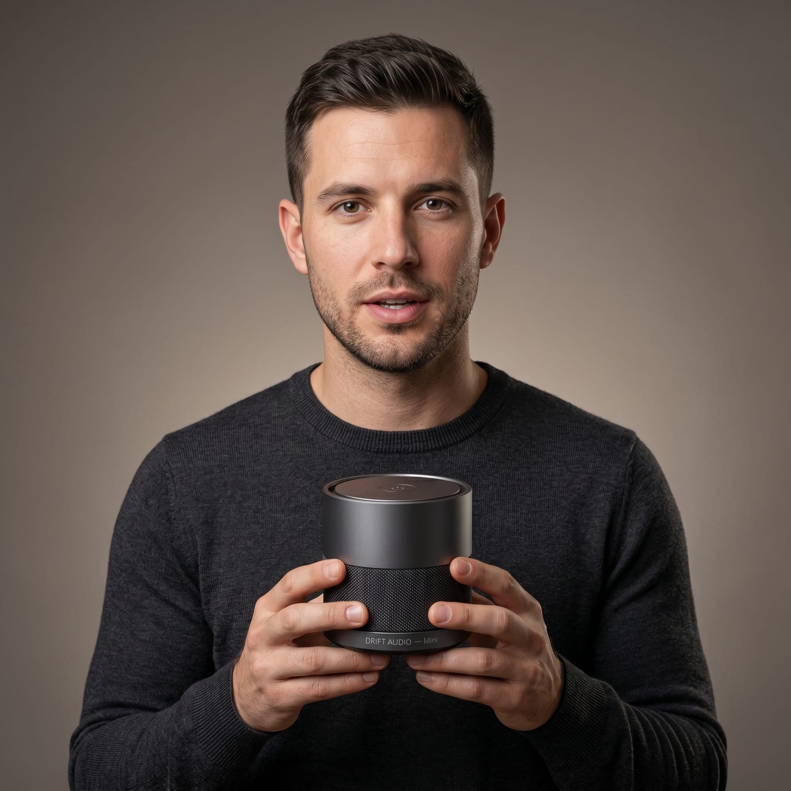 Presenter showing a fictional Drift Audio speaker
