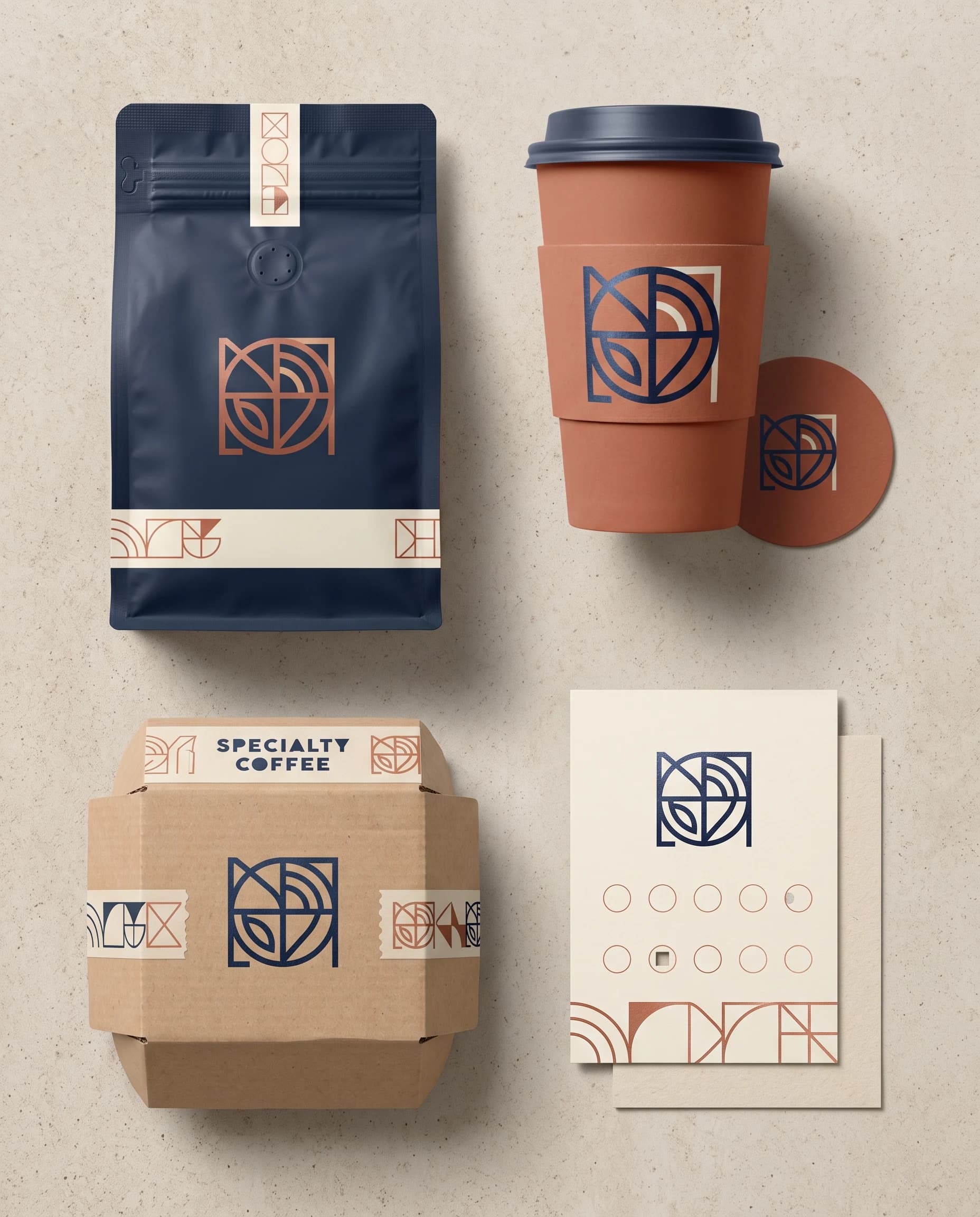 A fictional specialty-coffee identity system applied across pouch, cup, shipping box, and loyalty card.