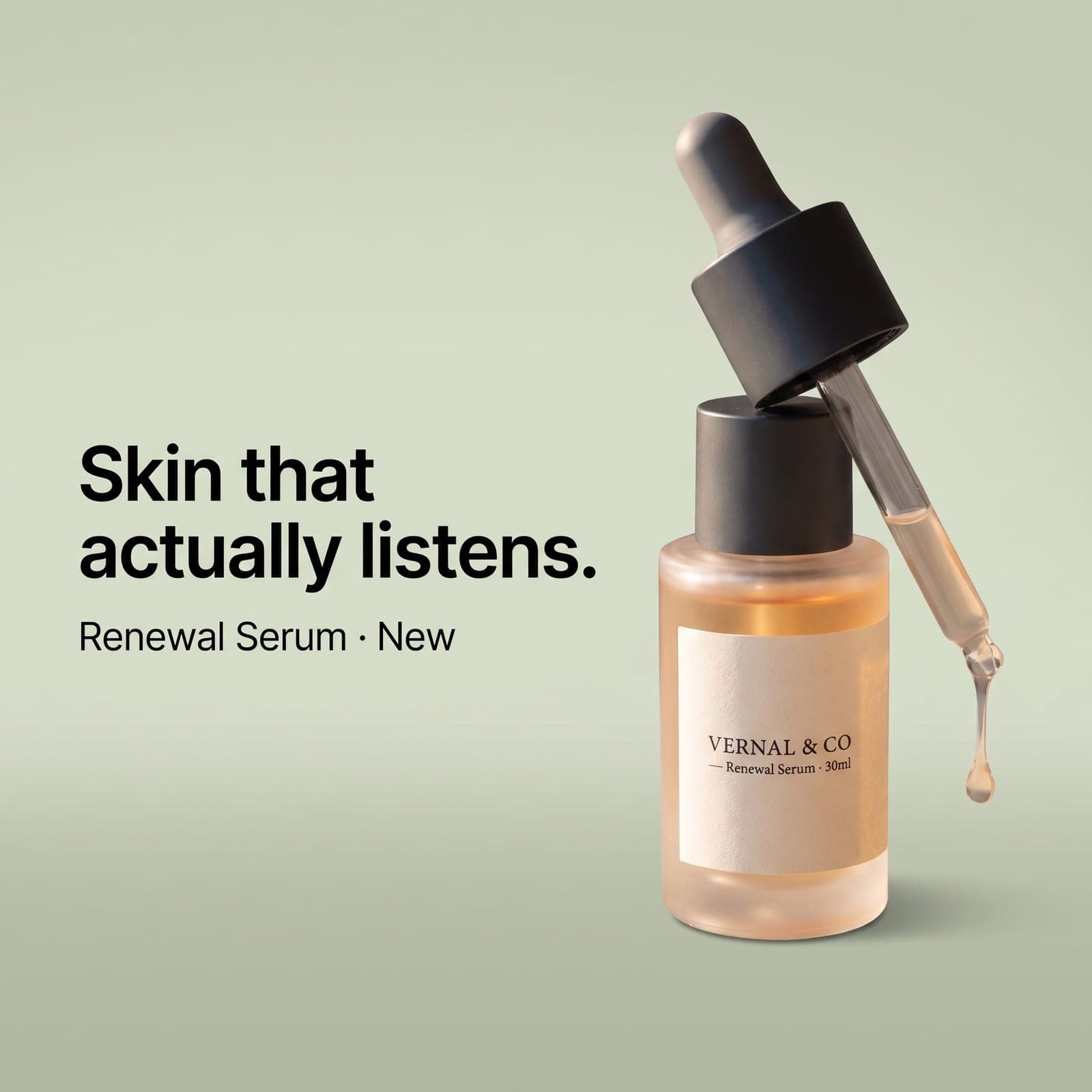 Ad-static design concept for a fictional skincare serum (Vernal & Co Renewal Serum), styled with a headline and product shot.