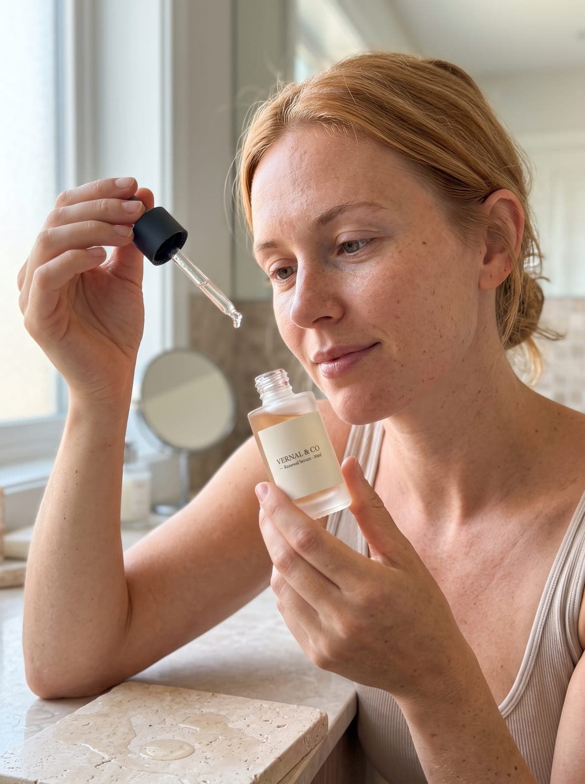 Reviewer examining the fictional Vernal & Co Renewal Serum, planned for Wednesday's slot.