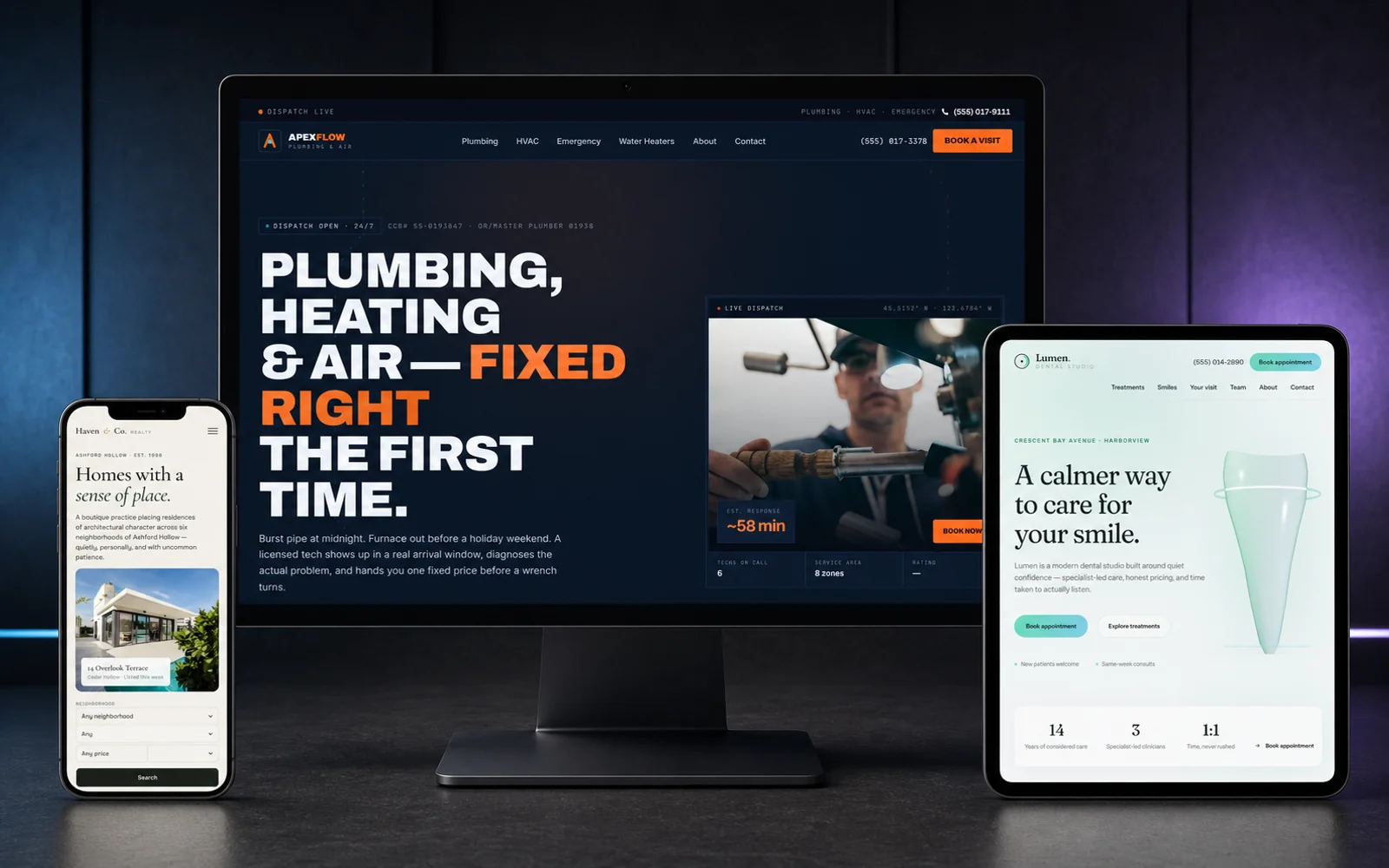 Fictional website concepts presented across desktop, tablet, and phone.