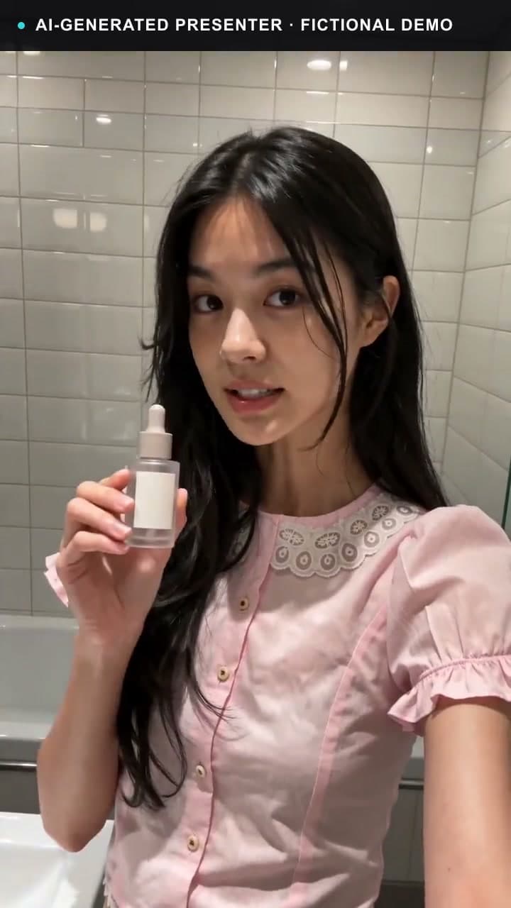AI presenter demonstrating a fictional skincare routine in a vertical UGC video.