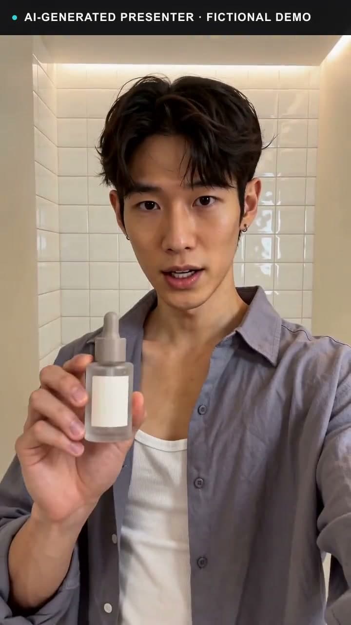 A disclosed AI-generated male presenter explaining a fictional serum video structure with a macro product cutaway.