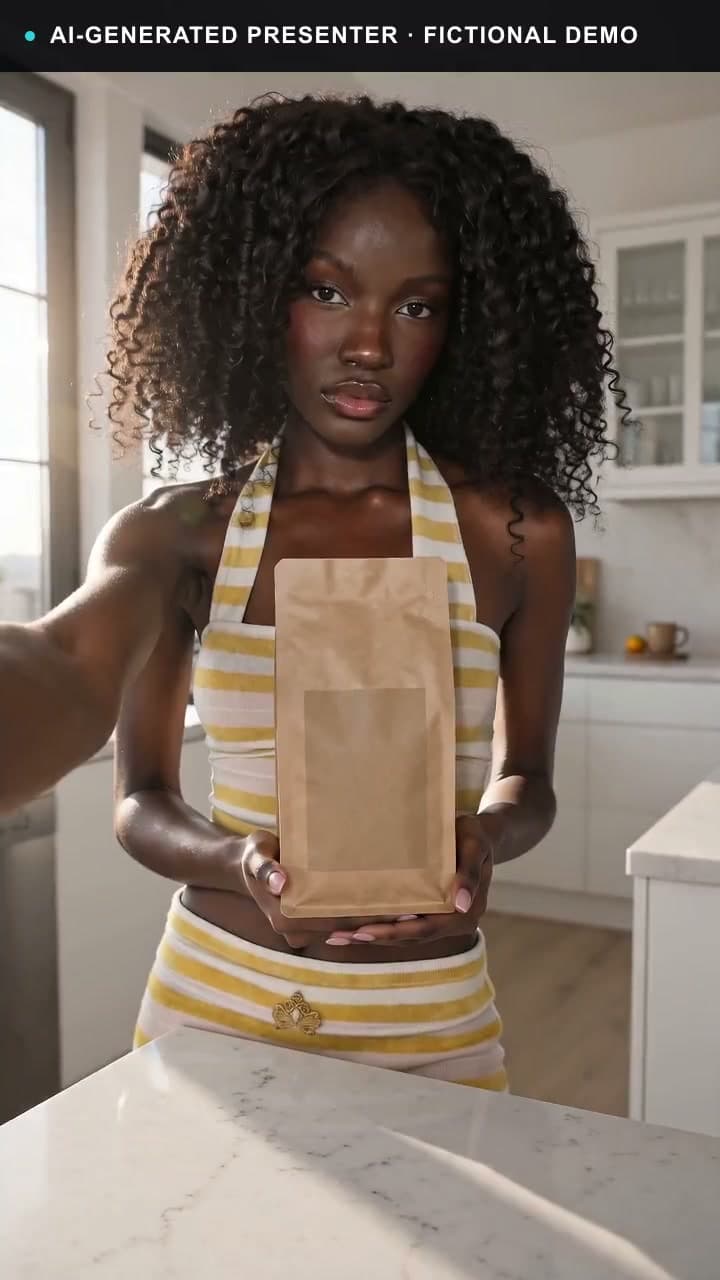 A disclosed AI-generated female presenter describing a fictional coffee routine with sealed-bag and bean footage.