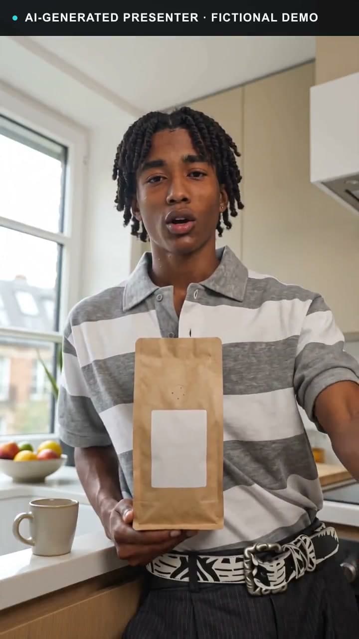 A disclosed AI-generated male presenter describing a fictional coffee content structure with a sealed packaging orbit.