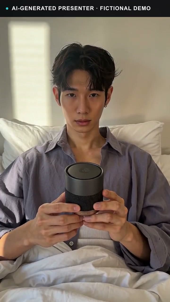 A male AI-generated presenter delivering a fictional compact-speaker explainer from a bedroom setting.