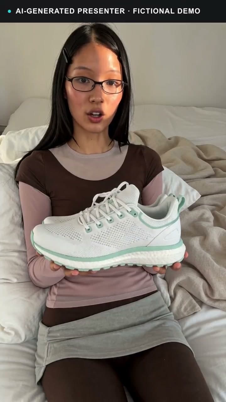 A disclosed AI-generated female presenter introducing a fictional mint sneaker with a clean product-lift cutaway.