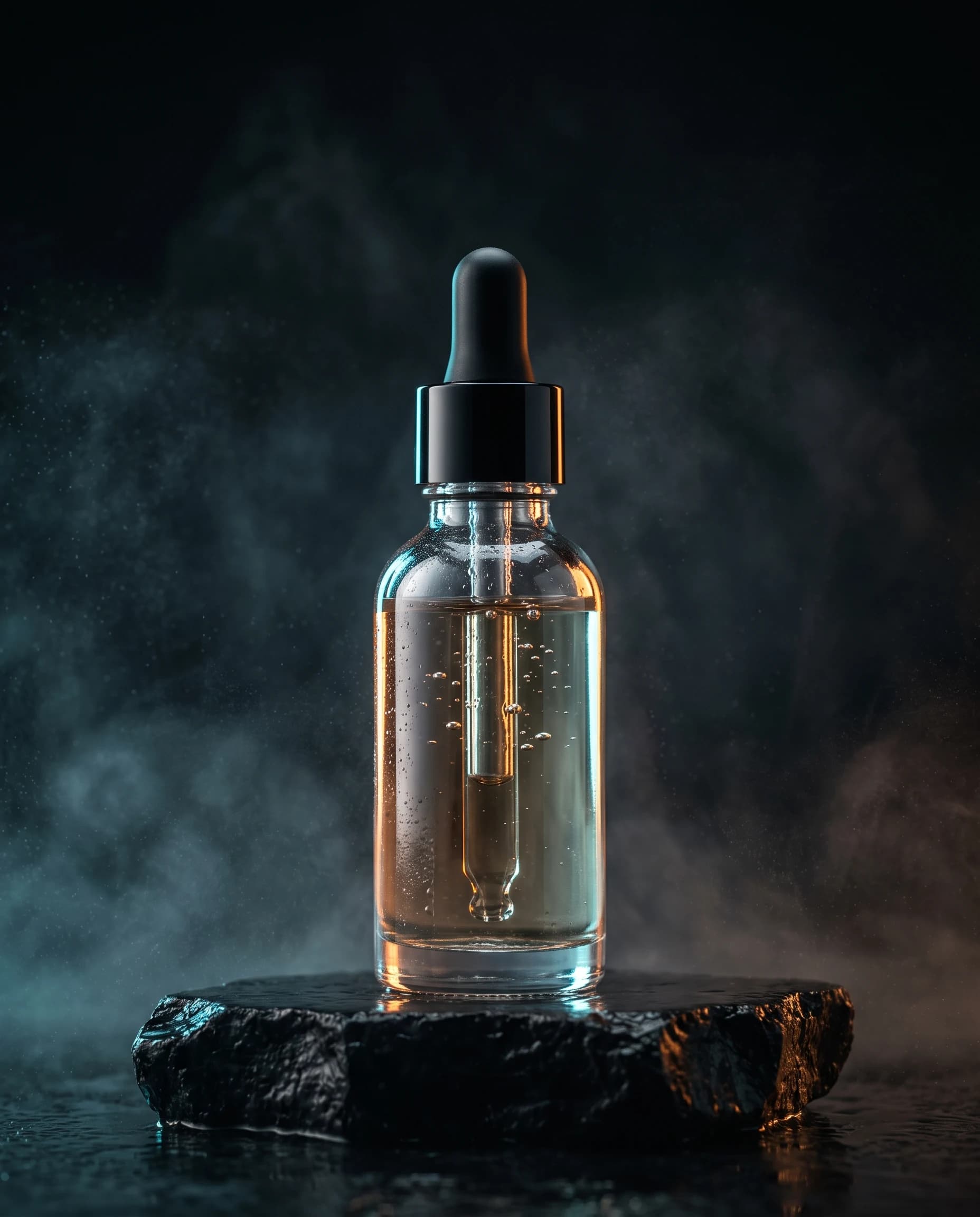 An unbranded serum bottle on obsidian with cyan and amber rim light.
