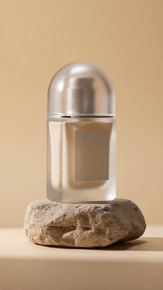 Silent b-roll loop: an unbranded serum bottle rotating on a stone pedestal in warm studio light.