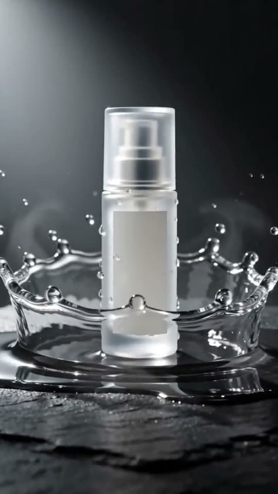 Silent b-roll loop: a water-splash reveal around an unbranded serum bottle on dark slate.