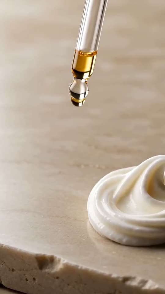 Silent b-roll loop: a macro cream-texture swirl with a dropper of serum, unbranded product.