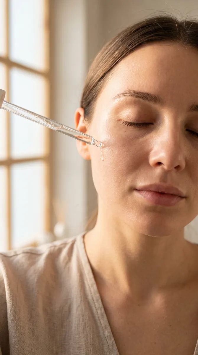 On-model application: a dropper of serum held near a model's cheek in warm window light.