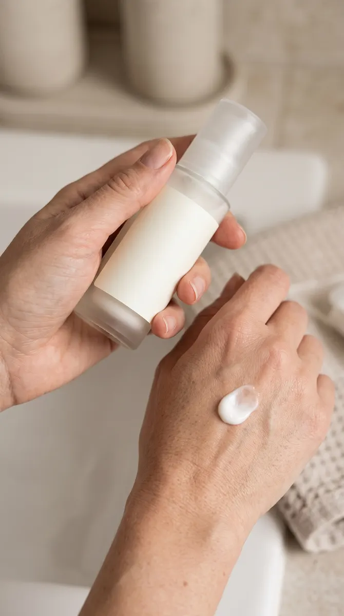 On-model application: hands pressing a dab of cream into skin, unbranded bottle in frame.