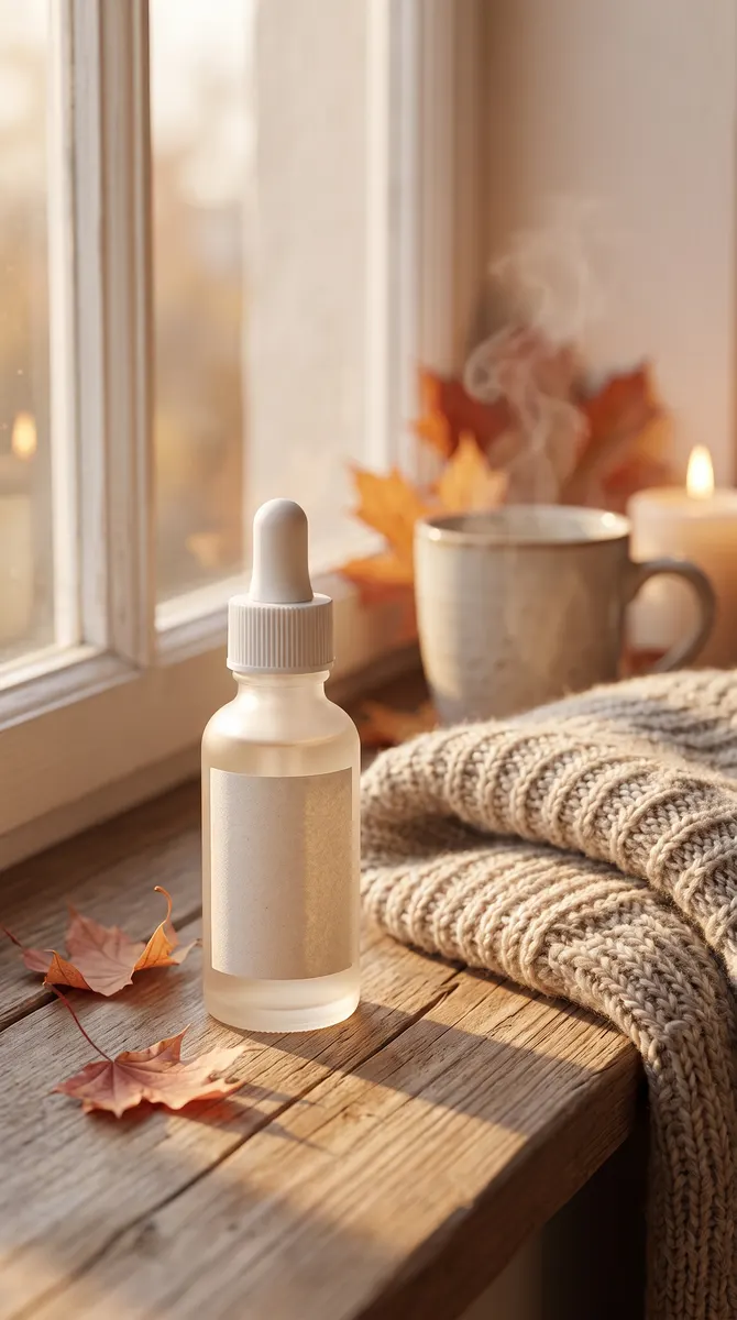 Seasonal styling: unbranded serum bottle by a window with autumn leaves, knitwear, and a steaming mug.