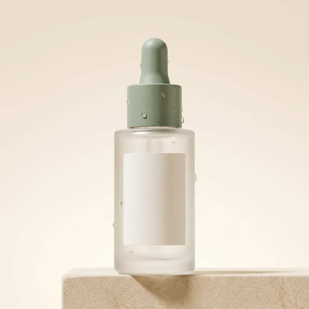 Studio hero shot: unbranded serum bottle with a sage-green dropper cap on an ivory pedestal.