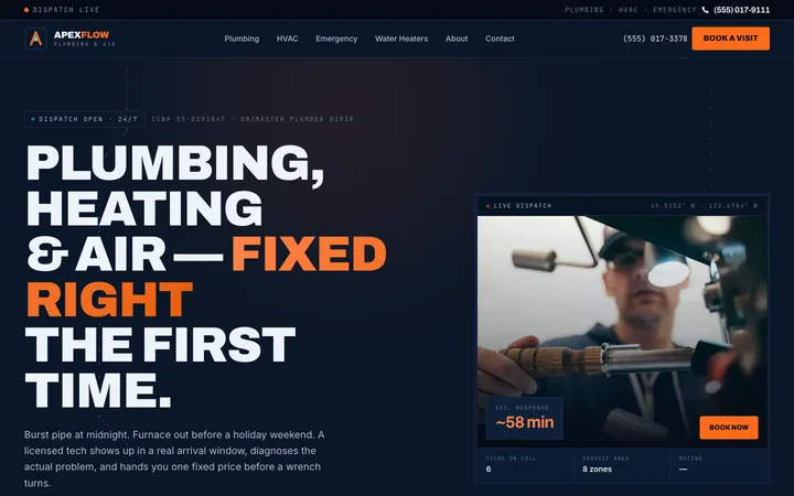 Homepage of Apex Flow Plumbing & Air, a concept home services website
