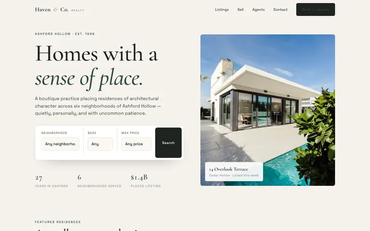 Homepage of Haven & Co. Realty, a concept real estate website