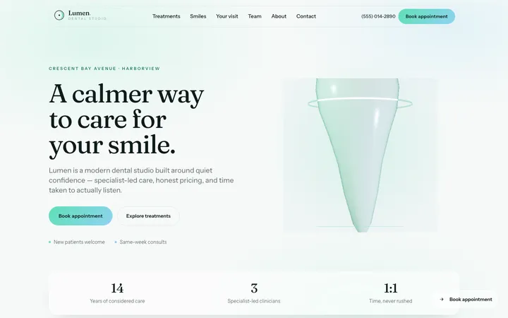 Homepage of Lumen Dental Studio, a concept dental website